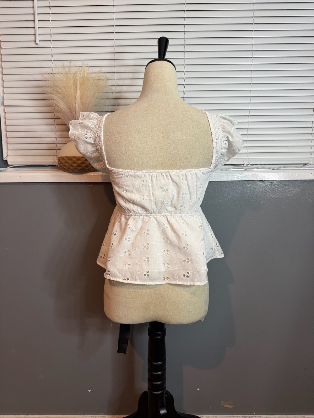 White Eyelet Smocked Peplum Blouse with Flutter Sleeves - Picture 5 of 8